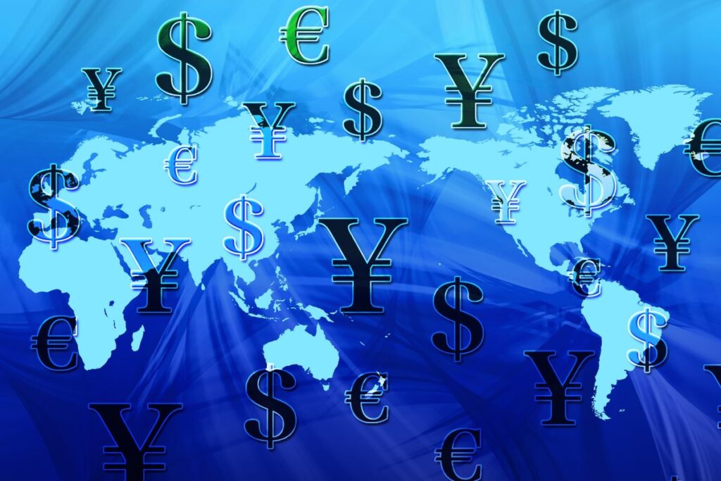 世界地図と各国の通貨記号