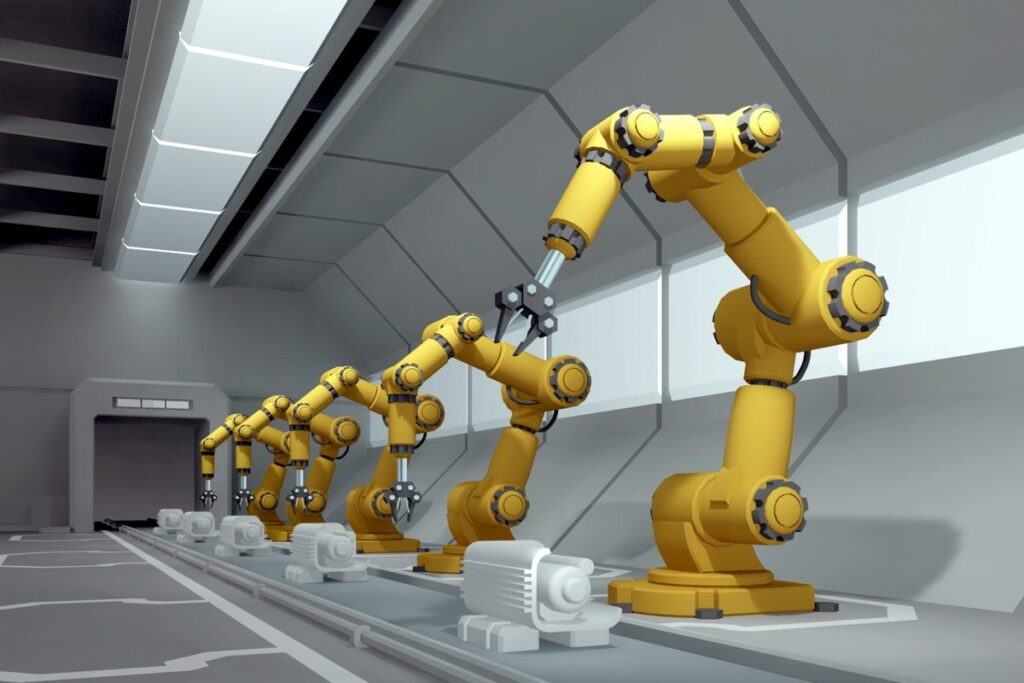 工場の生産ラインで動くロボットアーム