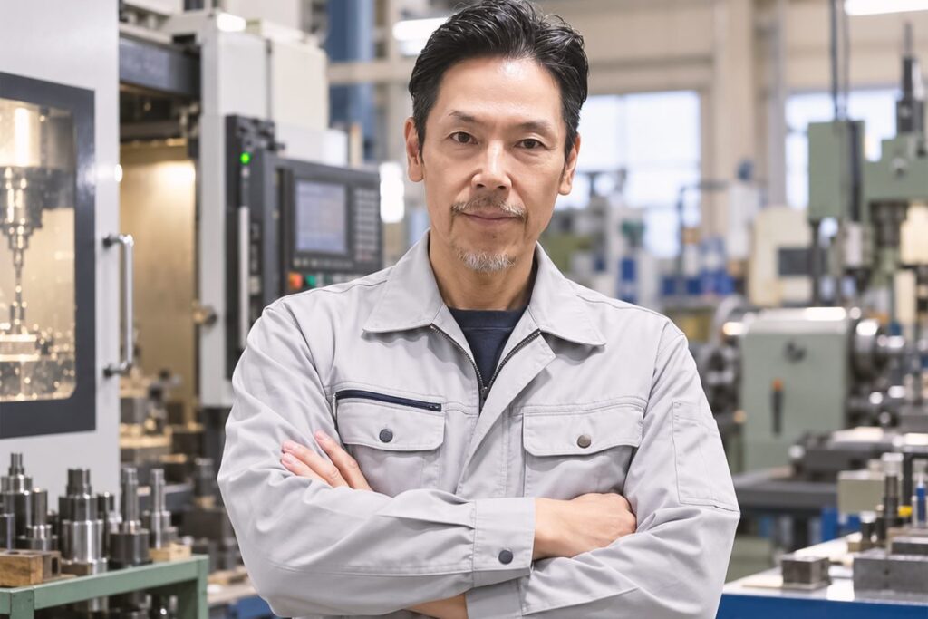 工場で腕を組む作業着姿の男性